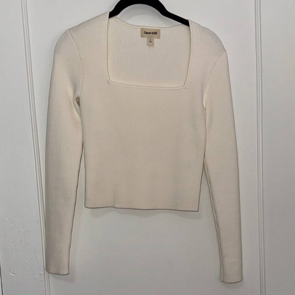 Open Edit Women's Cream Long Sleeve Ribbed Top